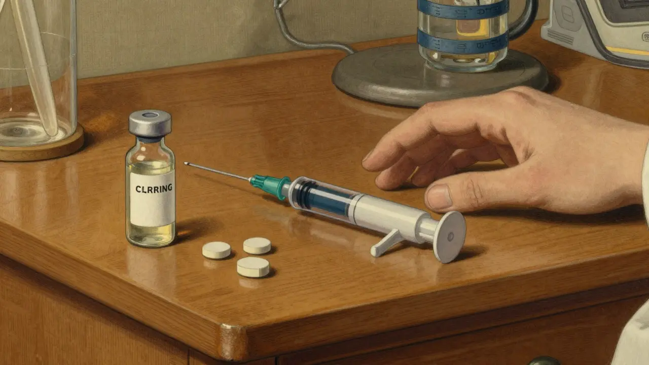 Medical supplies on wooden desk, warm lighting, treatment choice