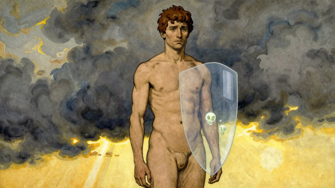 Patient standing with protective shield, clouds clearing, hopeful