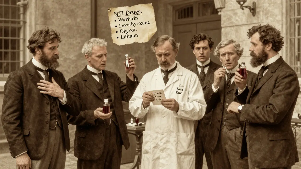 Patients in vintage attire stand in a clinic courtyard, each holding different pill bottles, as a pharmacist hands out a warning note.