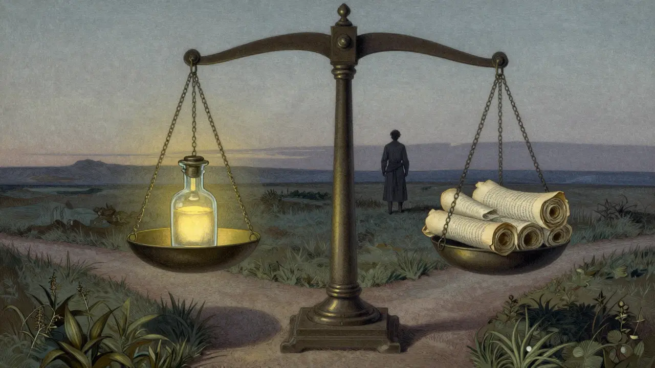 Scales of justice balancing a medicine vial and legal scrolls.