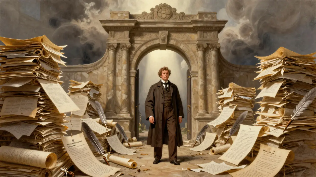 Scientist approaching ornate gate past piles of bureaucratic documents.