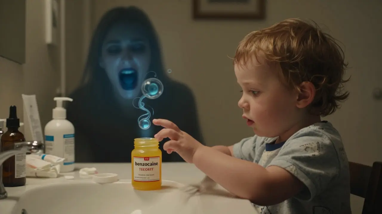 Toddlers reaching for open benzocaine jar, with ghostly blue lips and oxygen symbols hinting at poisoning risk.