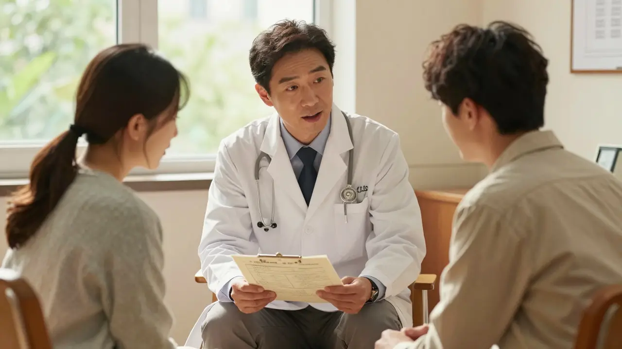 A doctor and patient having a supportive conversation in a brightly lit office, Howard Pyle style.