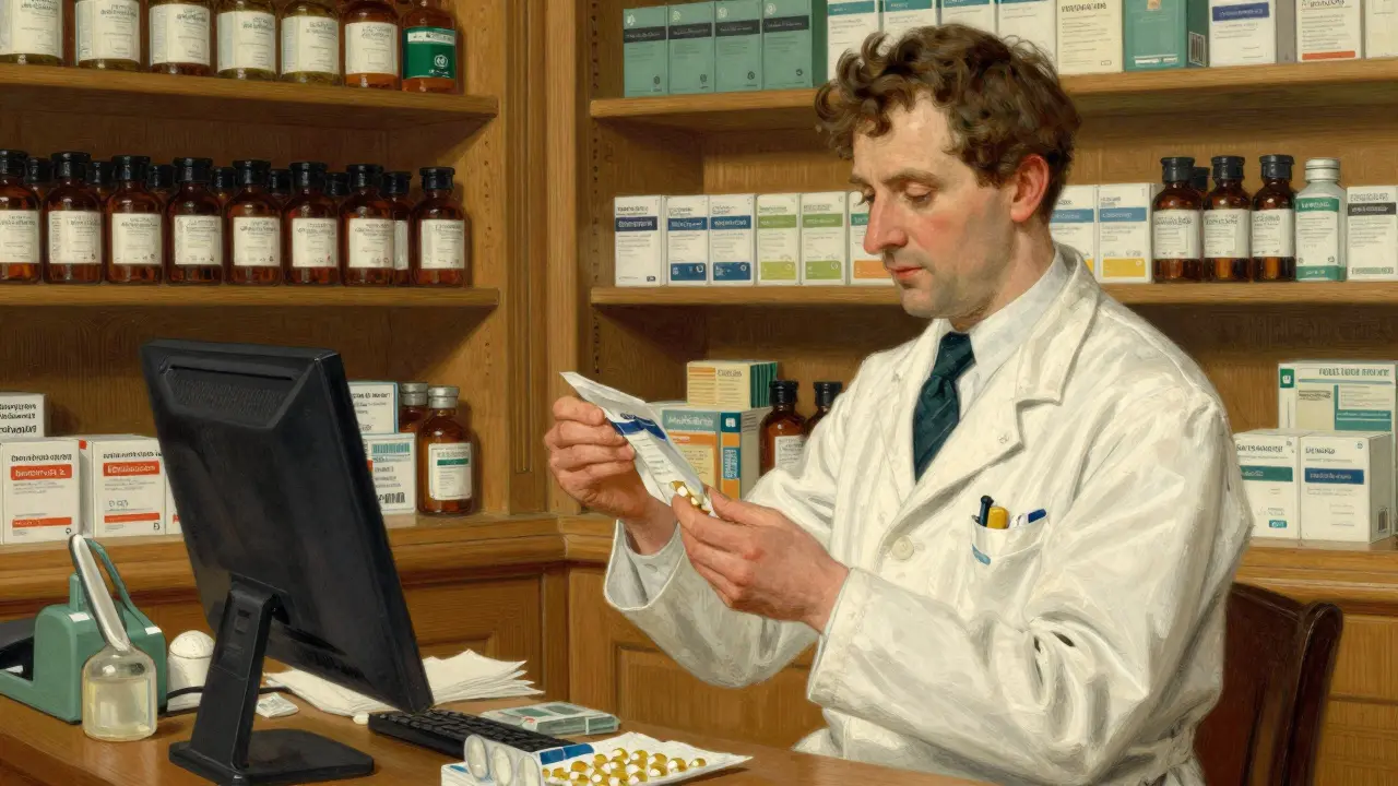 A pharmacist carefully inspecting a medicine package in a tidy pharmacy