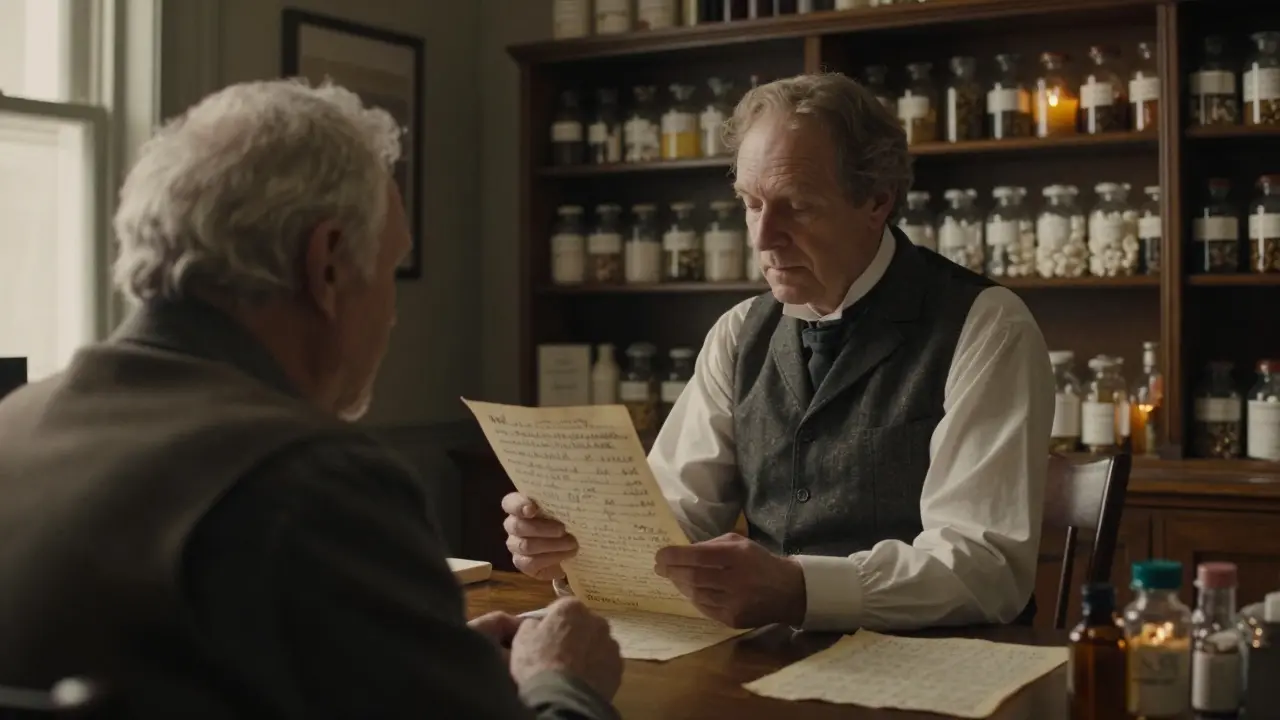 A pharmacist reviewing a list of medications with an elderly patient in an apothecary.
