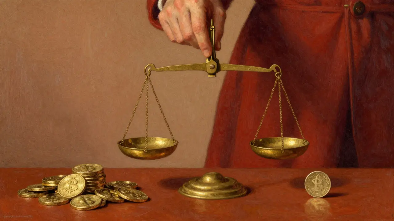 A vintage brass scale comparing a pile of gold to a single coin