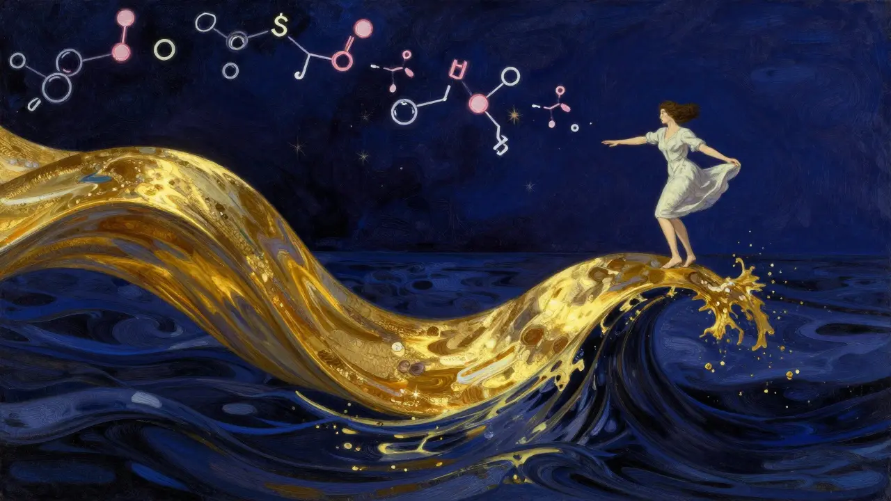 Abstract representation of a crashing hormonal wave in a dramatic art style