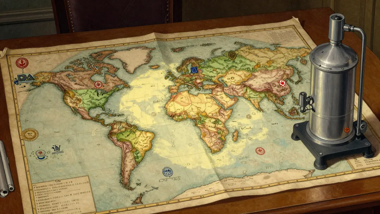 Antique world map with regulatory seals and a manufacturing pump on a desk.