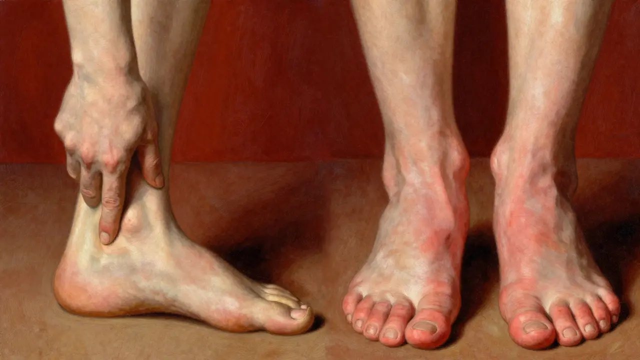 Comparison of pitting edema on an ankle and redness on palms and soles