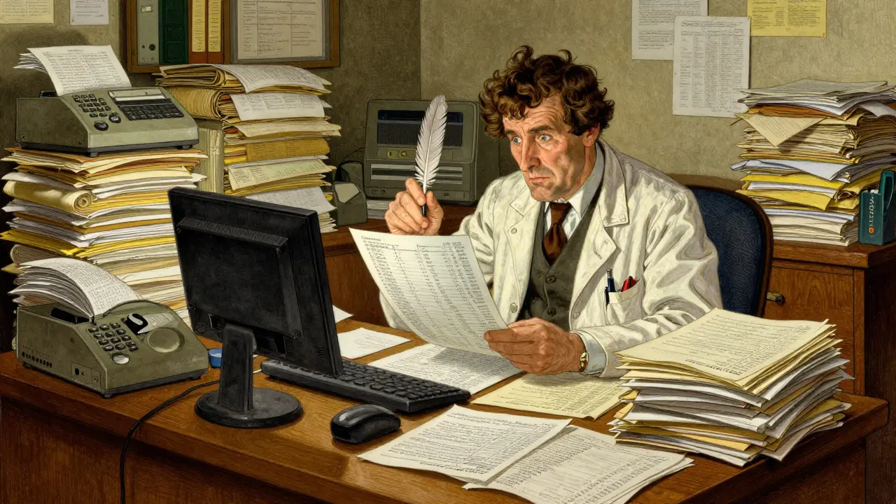 Exhausted doctor at a desk buried under piles of medical paperwork and faxes.