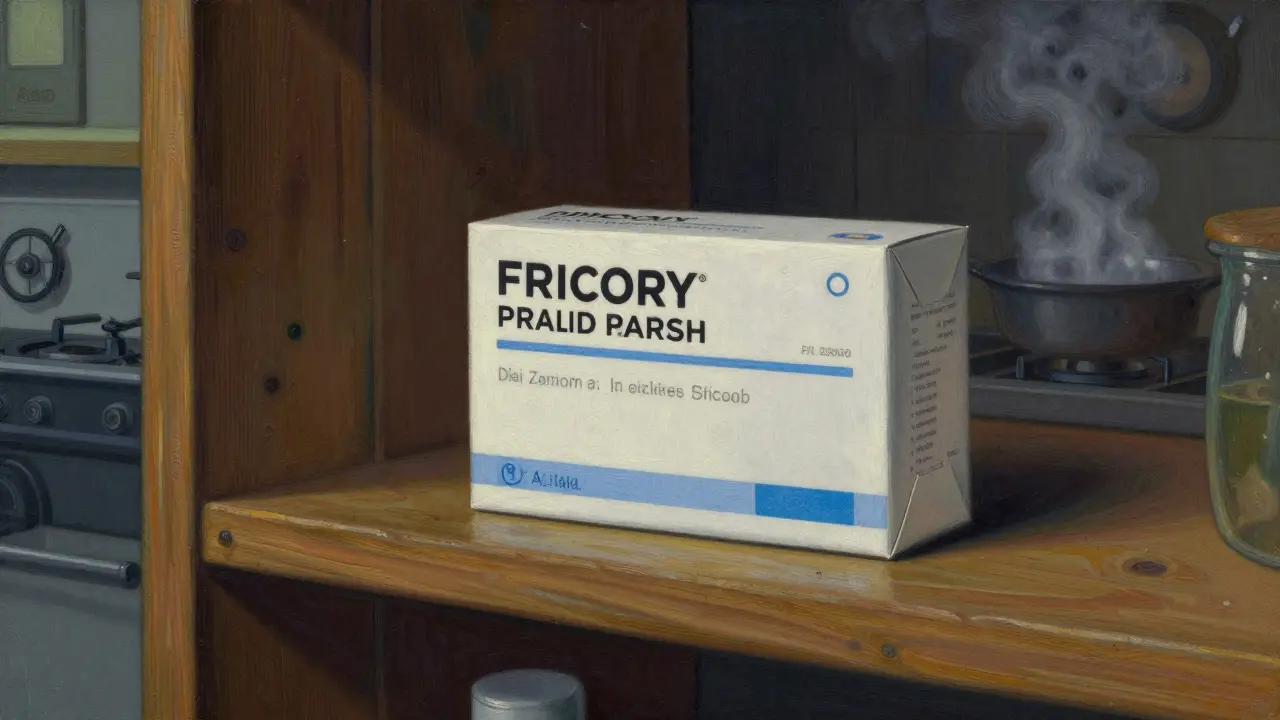 Medicine bottle stored safely on a wooden shelf away from heat and moisture