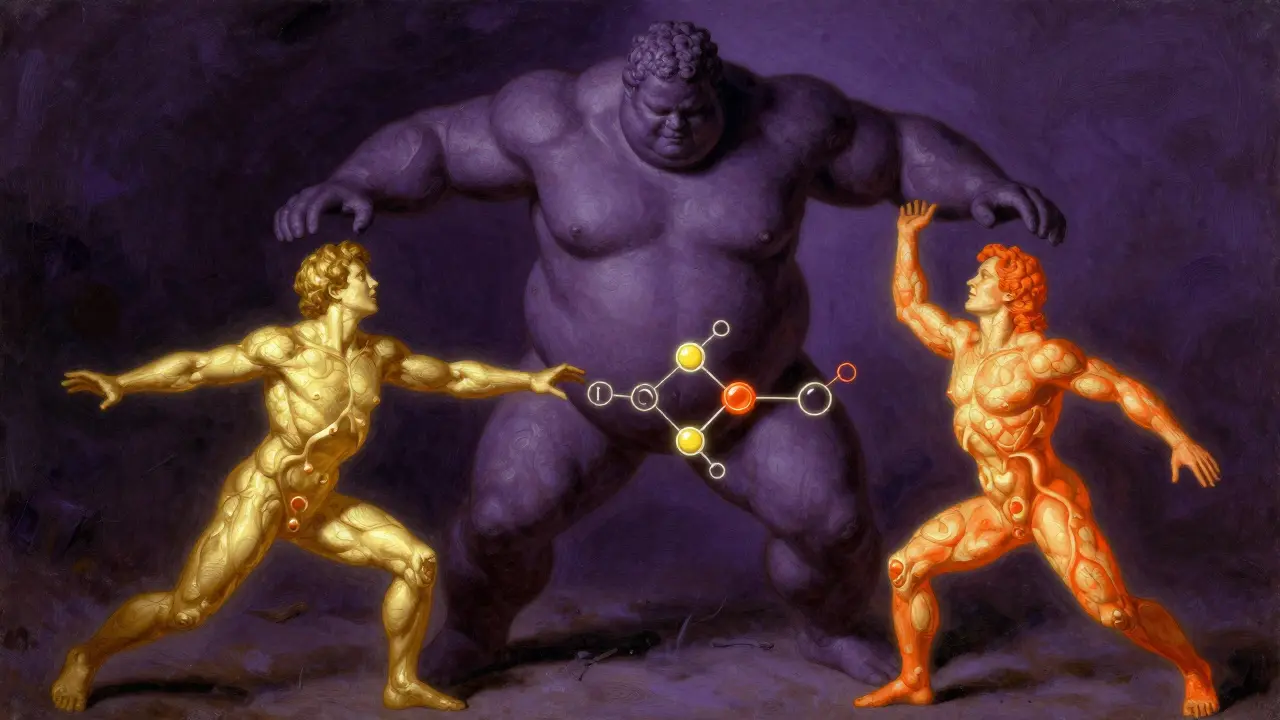 Metaphorical figures representing serotonin suppressing dopamine and norepinephrine in a painterly style.