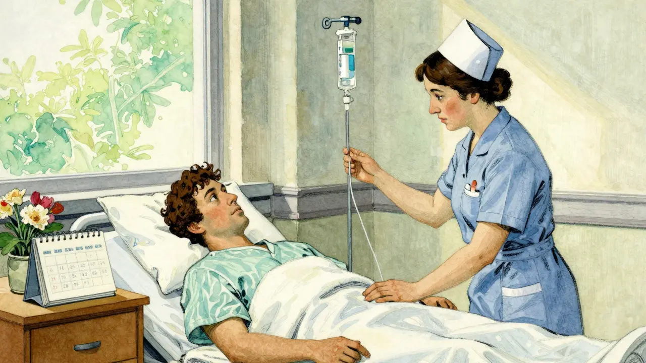 Nurse monitoring IV drip beside recovering patient in morning light