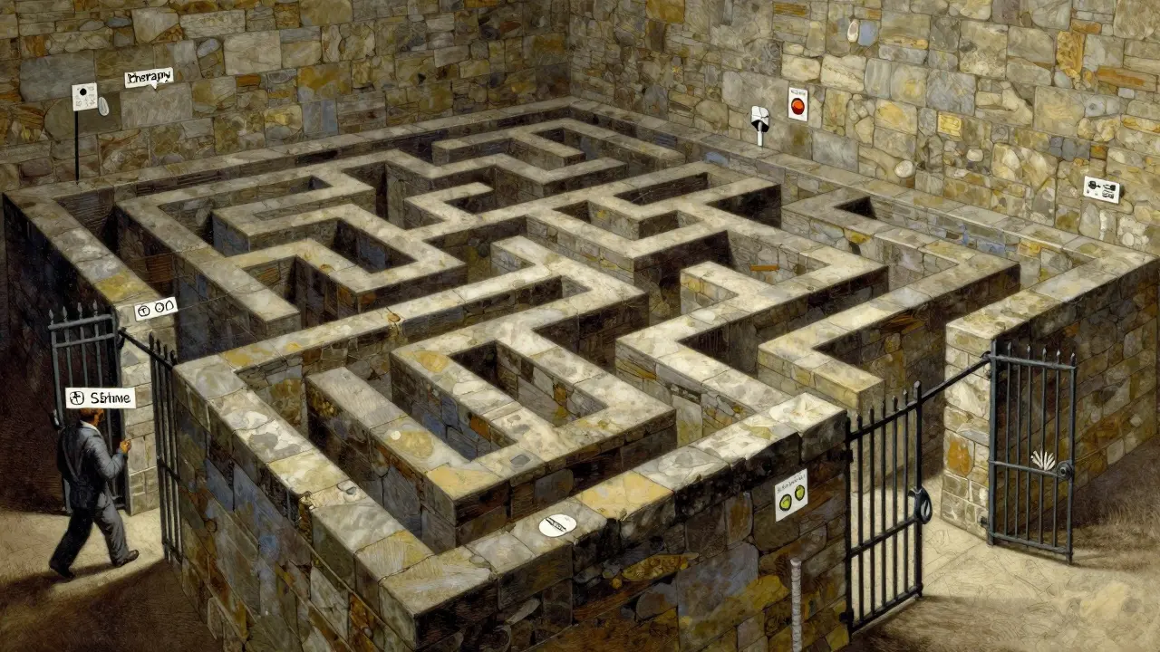 Patient navigating a stone maze with iron gates representing step therapy.