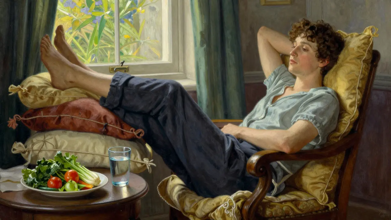 Person reclining with legs elevated on pillows for swelling relief