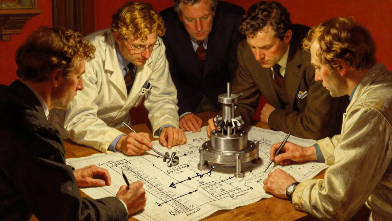 Team of experts analyzing a risk assessment chart and equipment on a wooden table.