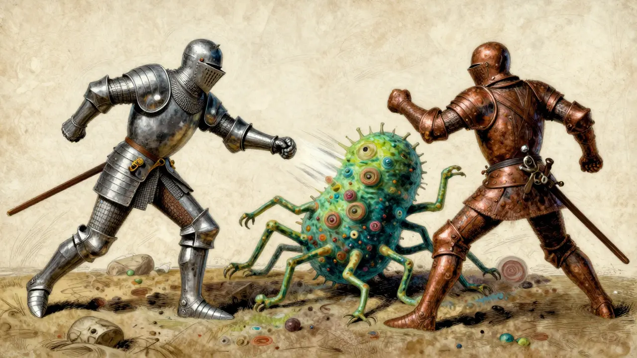Two warriors attacking a green bacteria from opposite sides in a coordinated strike.