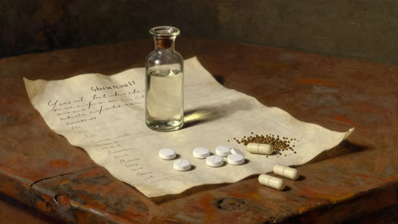 Various forms of topiramate including tablets, liquid, and capsules next to a prescription