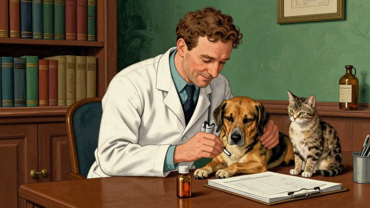 Veterinarian caring for a dog and cat in a classic study with medical supplies on the desk