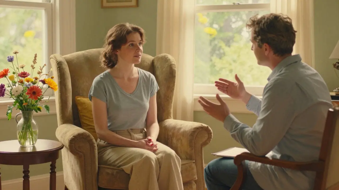 Woman in a bright room having a supportive therapy session for recovery